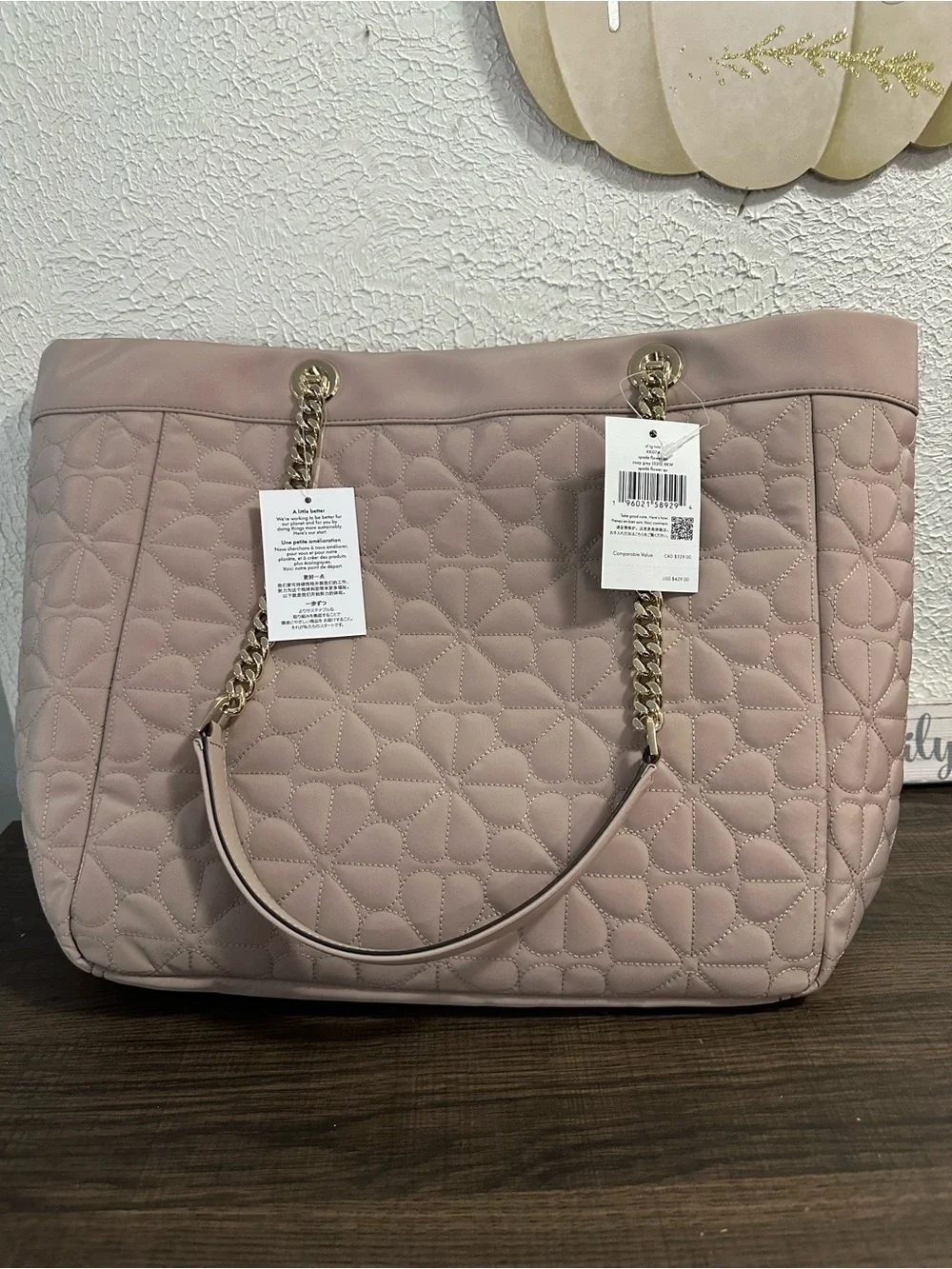kate spade flower Quilted Blush Pink Tote with Gold Chain Straps
